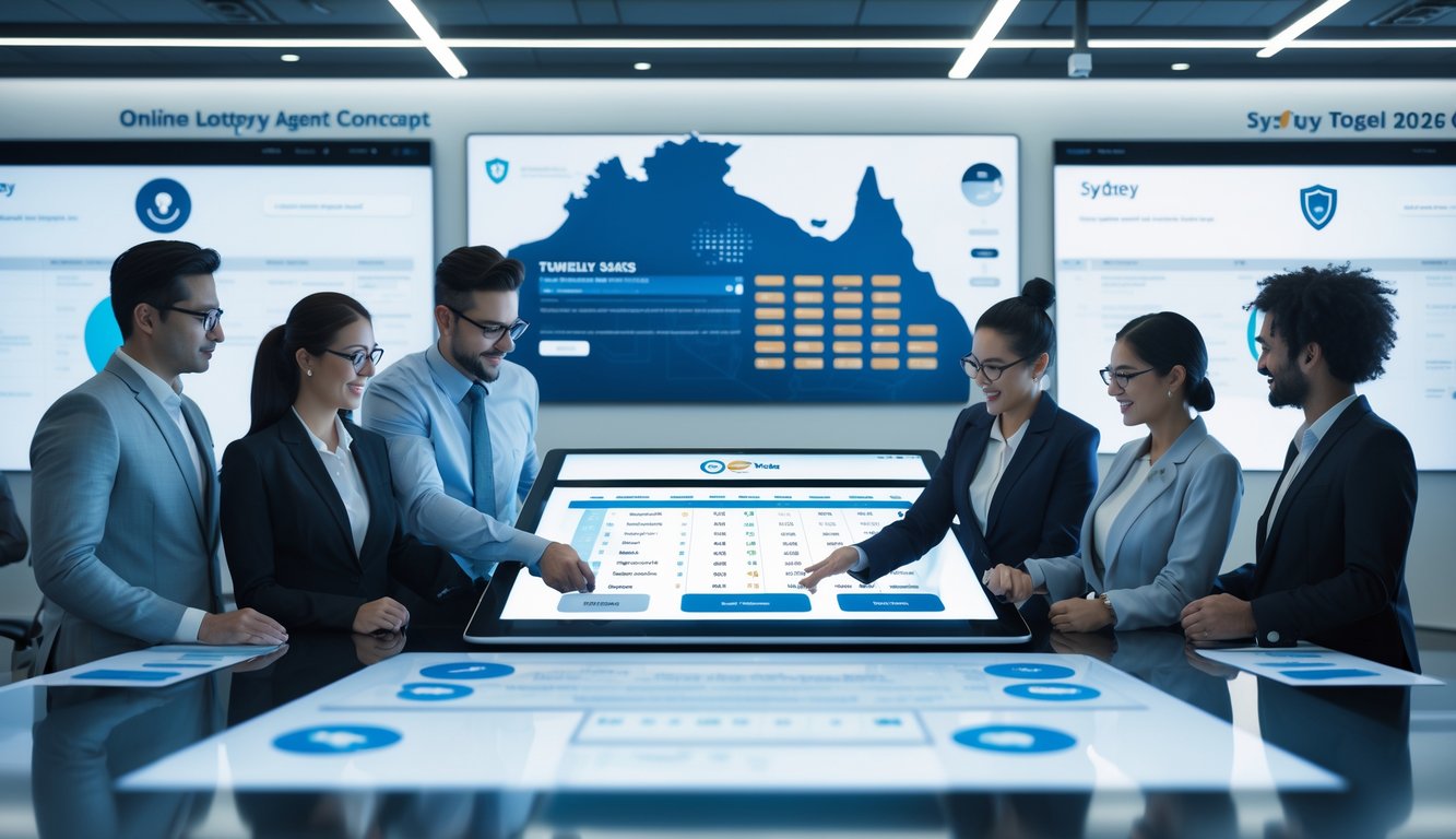Sekelompok profesional bekerja sama di kantor modern dengan layar digital menampilkan data lotre dan peta Sydney, menunjukkan suasana aman dan terpercaya.