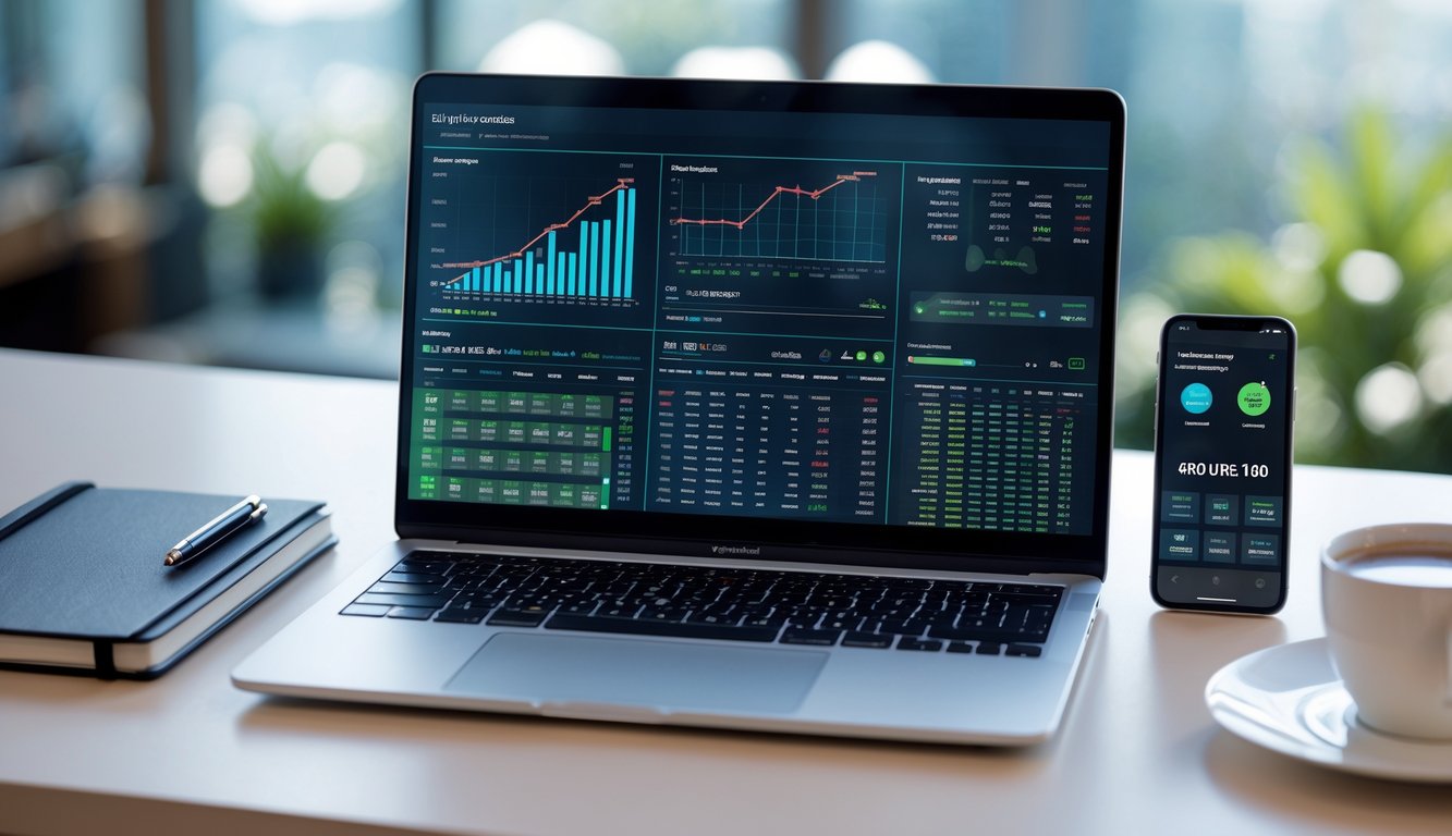 Meja kerja modern dengan laptop dan ponsel yang menampilkan data dan hasil lotere online, diiringi dengan cangkir kopi dan alat tulis.