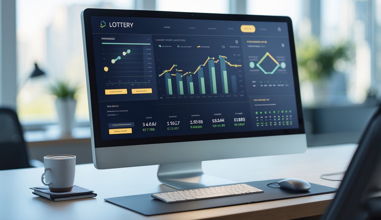 Sebuah komputer di meja kantor modern menampilkan layar dengan grafik dan angka prediksi togel, dengan latar belakang kantor yang terang dan rapi.