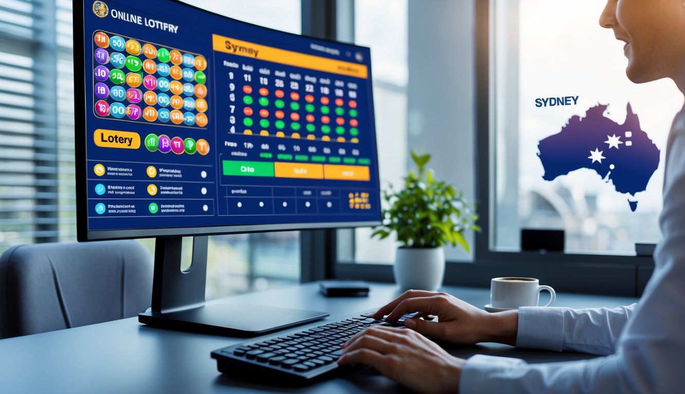 Sebuah meja kerja modern dengan komputer yang menampilkan angka dan grafik lotere, tangan seseorang sedang menggunakan keyboard dan mouse, dengan pemandangan jendela di latar belakang.