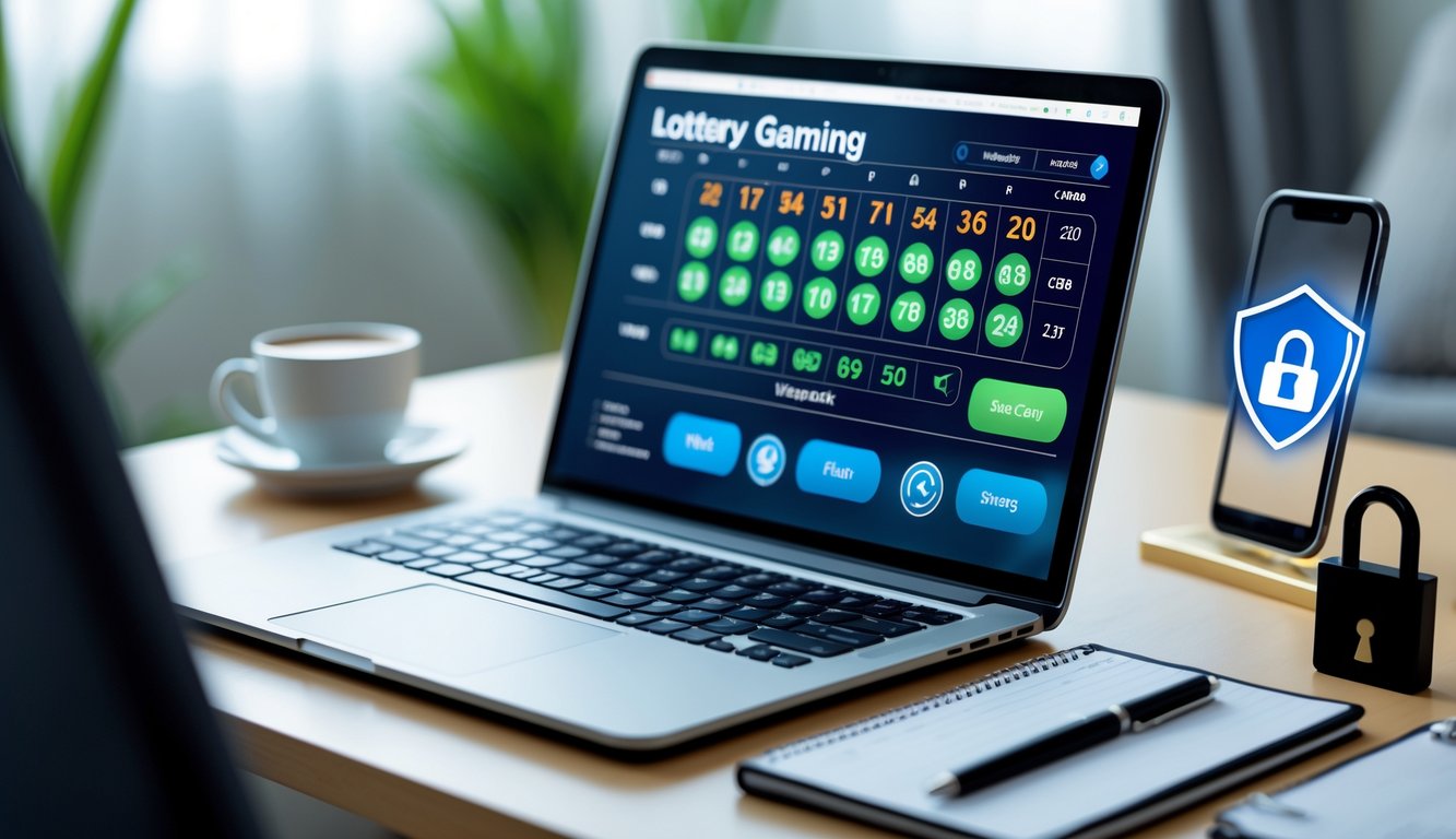Meja kerja modern dengan laptop yang menampilkan antarmuka digital terkait permainan togel, dilengkapi dengan smartphone dan simbol keamanan seperti gembok, di ruangan yang terang dan profesional.