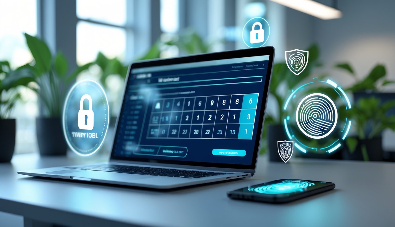 Suasana kantor modern dengan laptop yang menampilkan antarmuka situs lotere online dan simbol keamanan digital di sekitar, menciptakan kesan aman dan profesional.