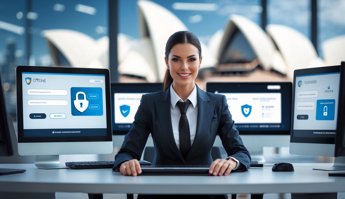 Seorang agen layanan pelanggan duduk di depan komputer dengan tampilan keamanan digital, latar belakang menampilkan siluet kota Sydney.