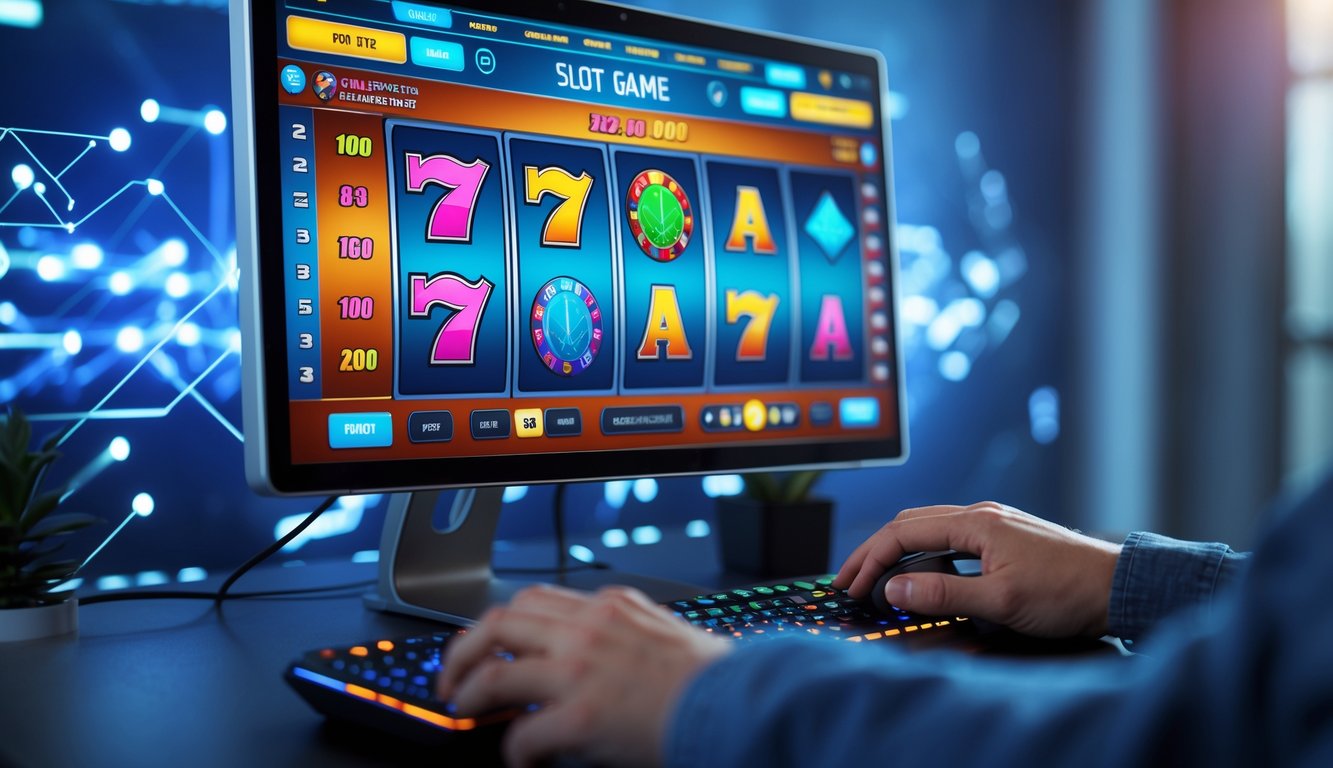 Seseorang sedang bermain game slot online di depan komputer dengan layar menampilkan permainan slot berwarna-warni.