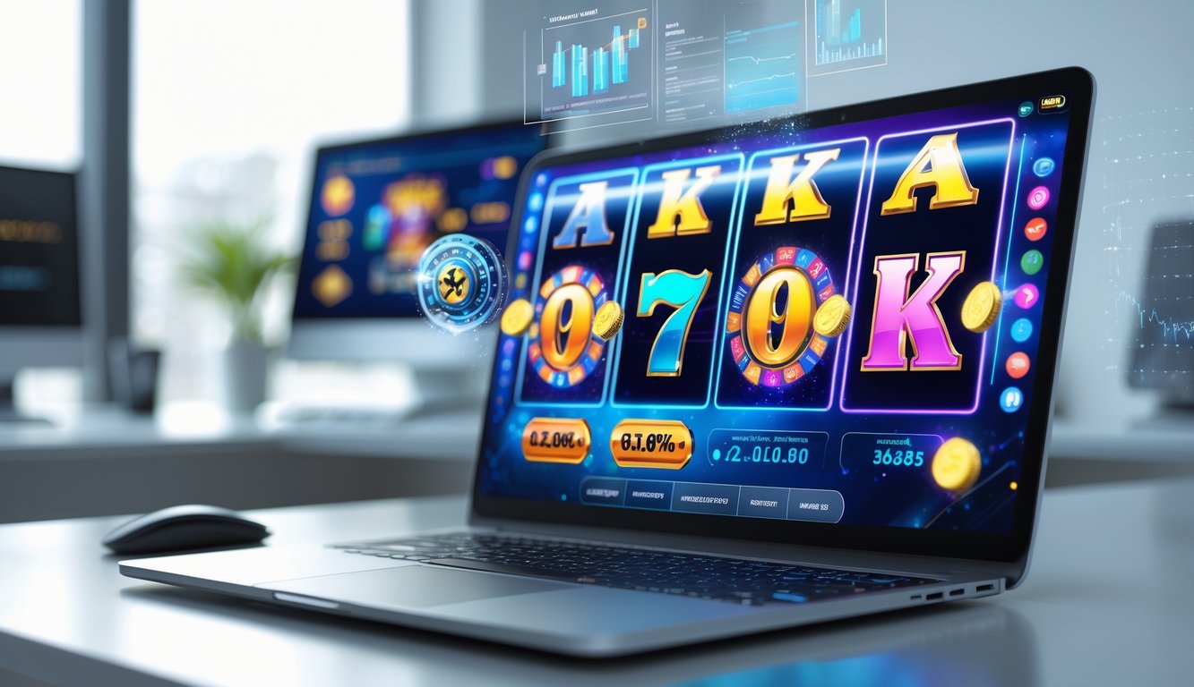 Sebuah layar komputer menampilkan permainan slot online dengan grafik warna-warni dan elemen data digital di sekitar, di dalam ruangan kerja modern yang terang.
