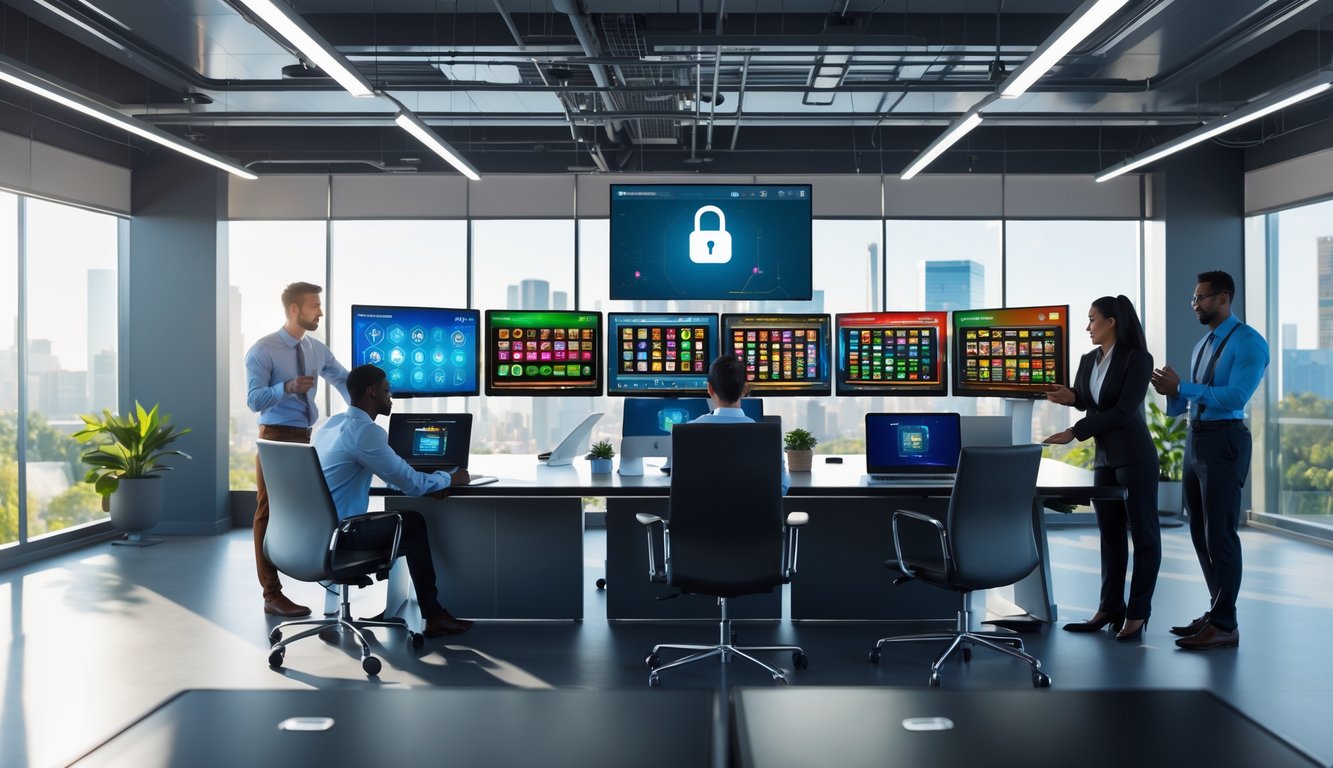 Sekelompok profesional bekerja bersama di kantor modern dengan layar komputer menampilkan permainan slot online dan grafik data.