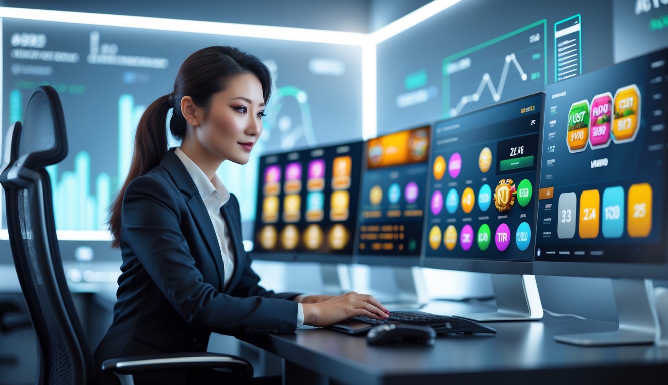 Seorang wanita profesional duduk di depan komputer dengan layar menampilkan permainan slot online dan grafik statistik di kantor modern.