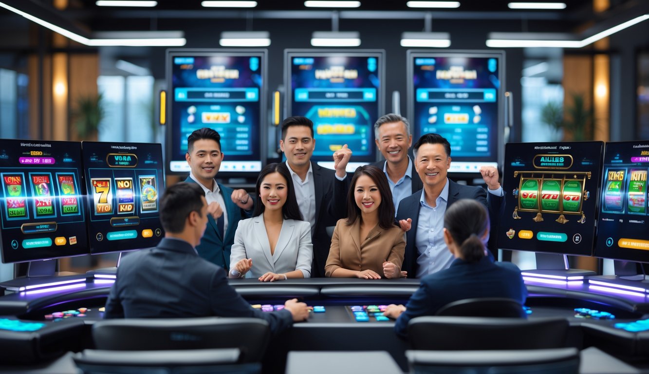 Sekelompok orang dewasa bermain mesin slot online di ruang kantor modern dengan layar komputer menampilkan grafik permainan dan statistik kemenangan.