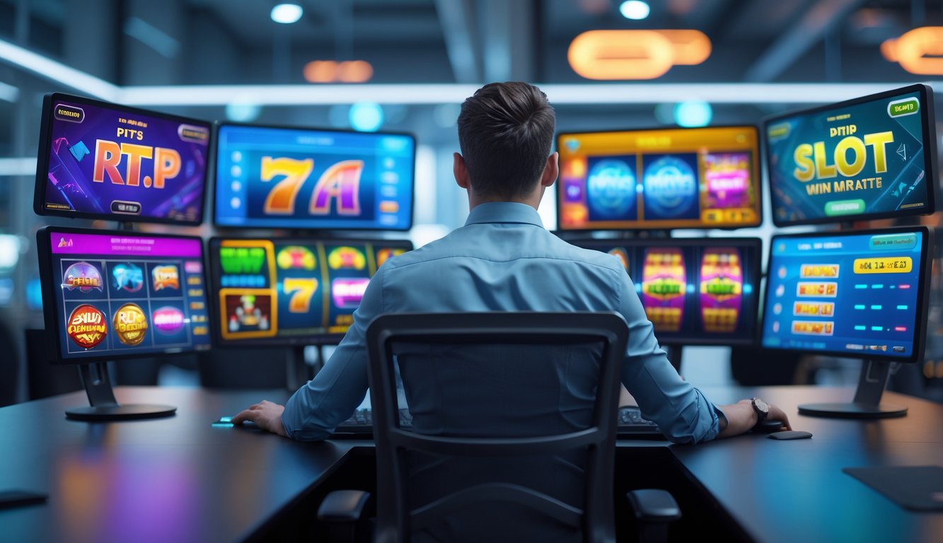 Seorang profesional duduk di depan komputer dengan layar menampilkan permainan slot online dan grafik statistik kemenangan.