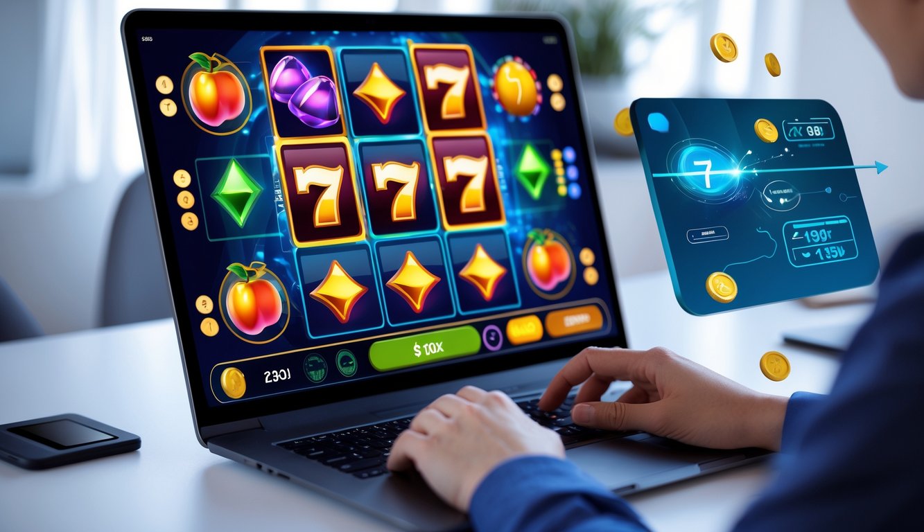 Seseorang menggunakan komputer dengan permainan slot online yang berwarna-warni di layar, di lingkungan rumah yang rapi dan terang.