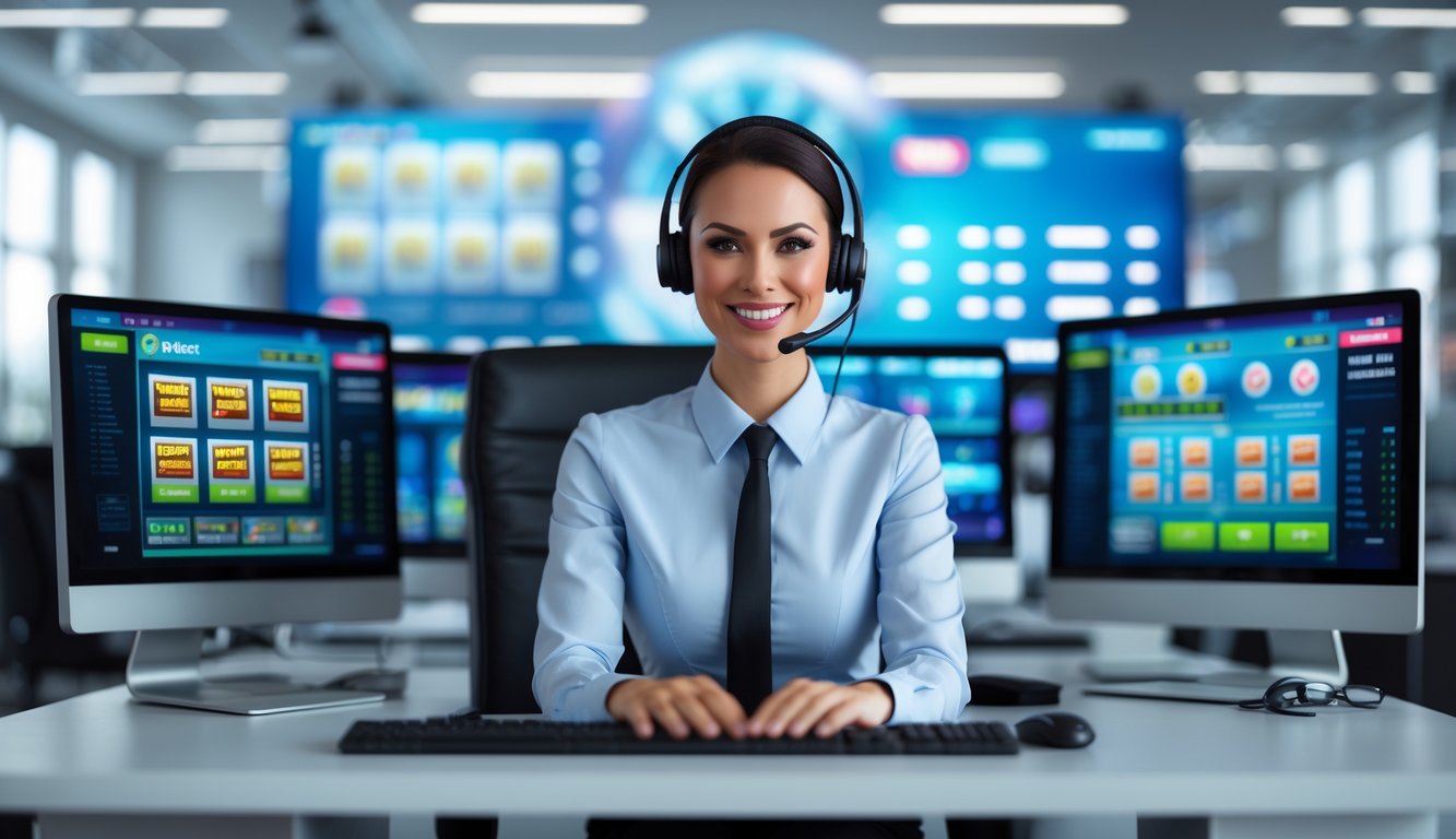 Seorang perwakilan layanan pelanggan yang percaya diri duduk di meja dengan beberapa layar komputer menampilkan permainan slot online dan grafik data di kantor modern yang terang.