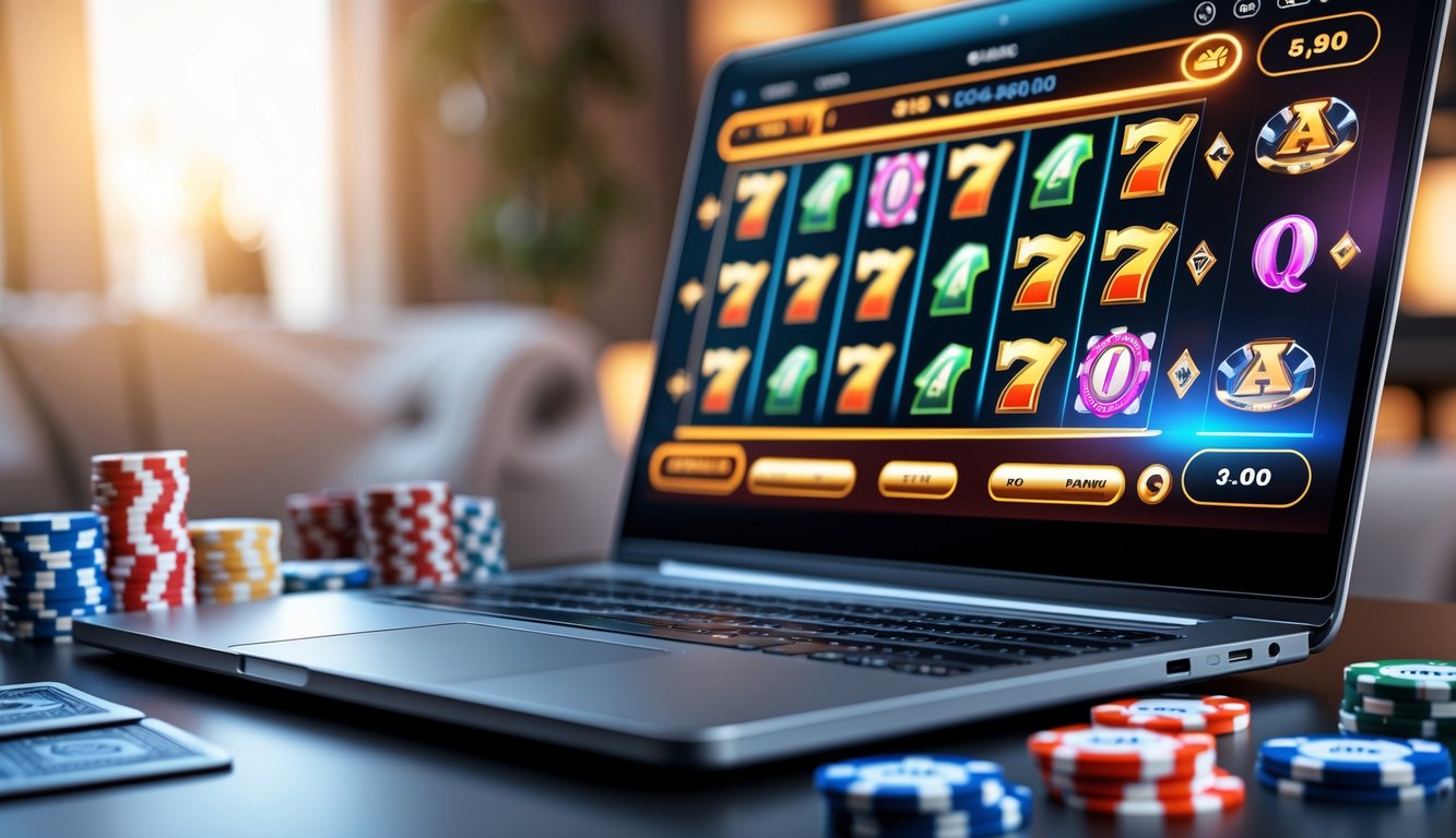 Seorang pria menggunakan laptop dengan tampilan permainan slot online di layar, dikelilingi oleh chip poker dan kartu remi di meja kerja.