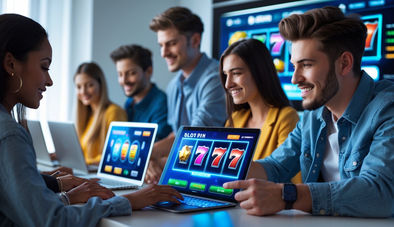 Beberapa orang muda menggunakan perangkat digital untuk bermain permainan slot online dengan latar belakang suasana modern dan profesional.