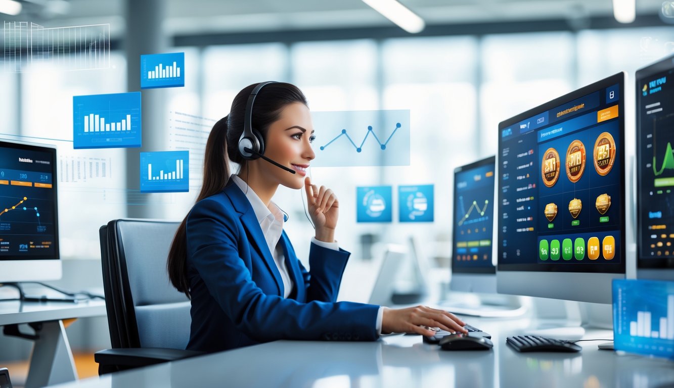 Seorang agen profesional di kantor modern sedang bekerja dengan beberapa layar komputer yang menampilkan data dan permainan slot online.