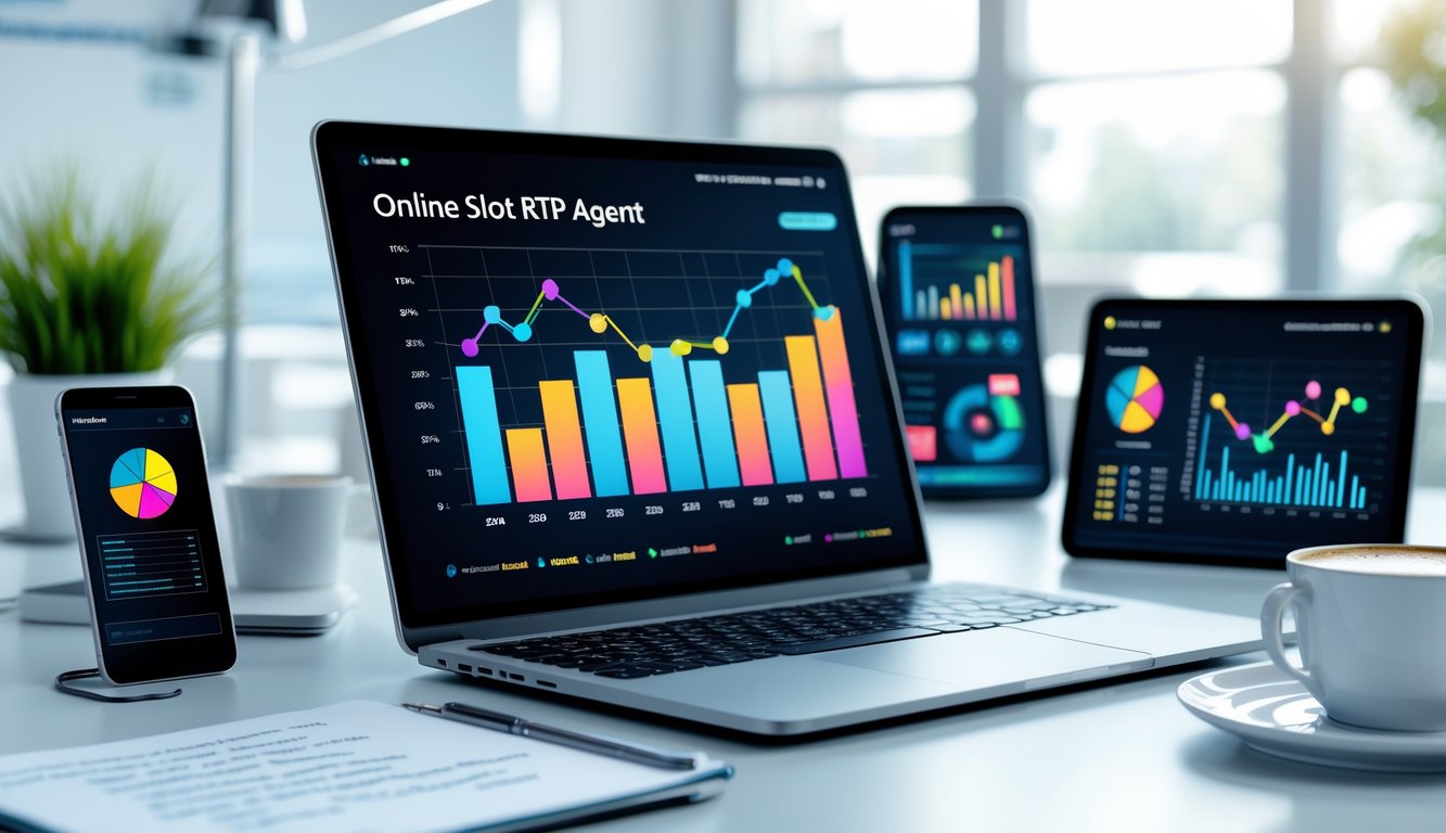 Seorang profesional bekerja di meja dengan laptop menampilkan grafik data RTP slot online, dikelilingi perangkat digital lain di lingkungan kantor yang terang dan rapi.