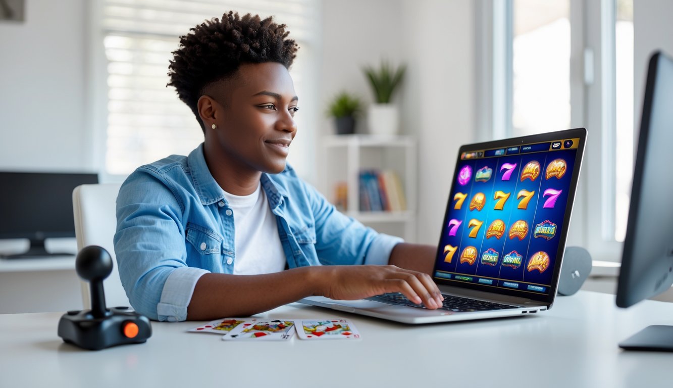 Seorang dewasa muda duduk di meja modern dengan laptop yang menampilkan permainan slot berwarna-warni, tampak fokus dan antusias di ruang kerja yang terang dan rapi.