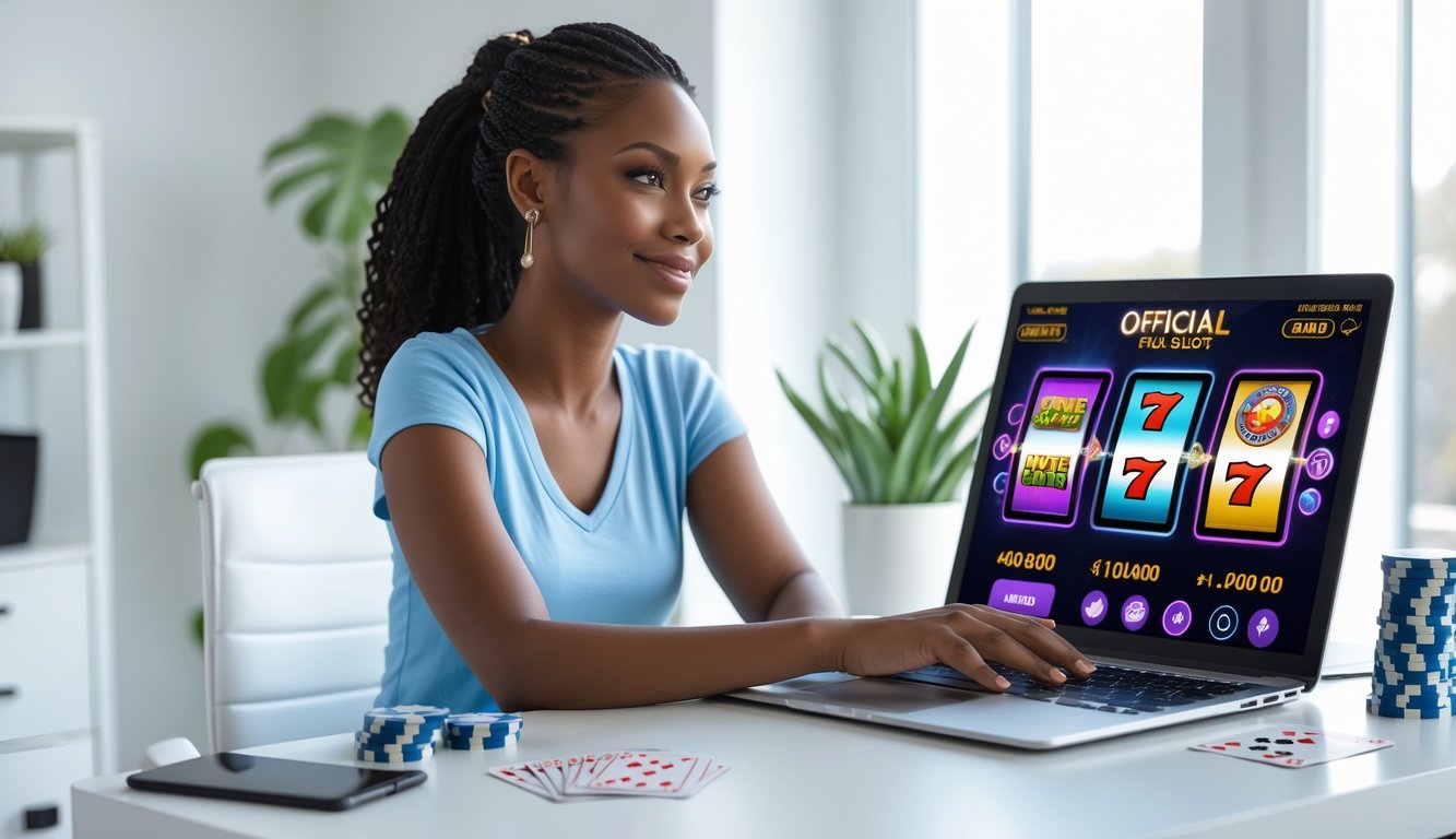 Seorang wanita muda duduk di meja modern menggunakan laptop untuk bermain slot online di ruang kerja yang terang dan rapi.
