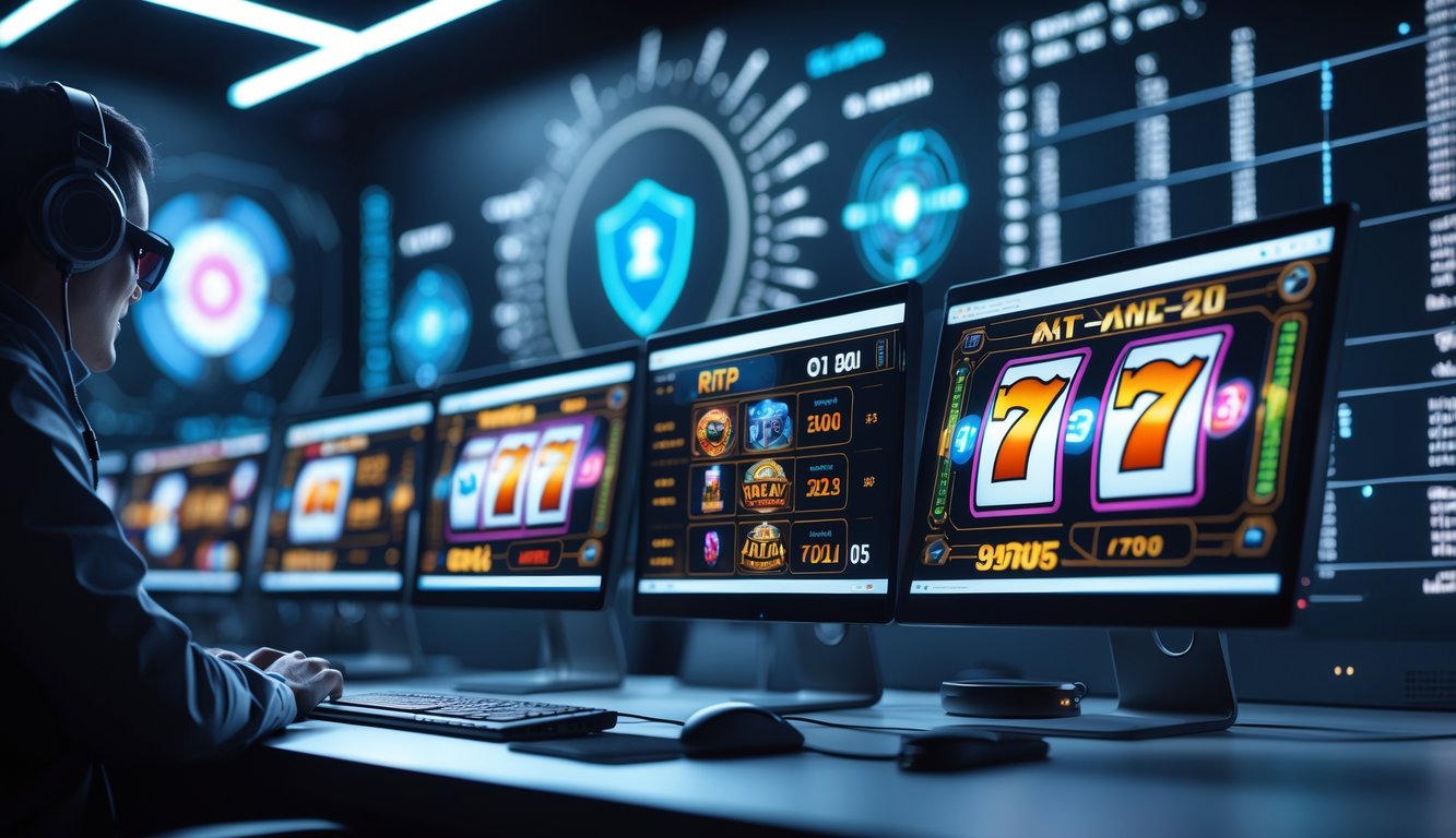 Sebuah ruang kerja modern dengan komputer dan beberapa layar yang menampilkan grafik permainan slot online dan elemen keamanan digital.