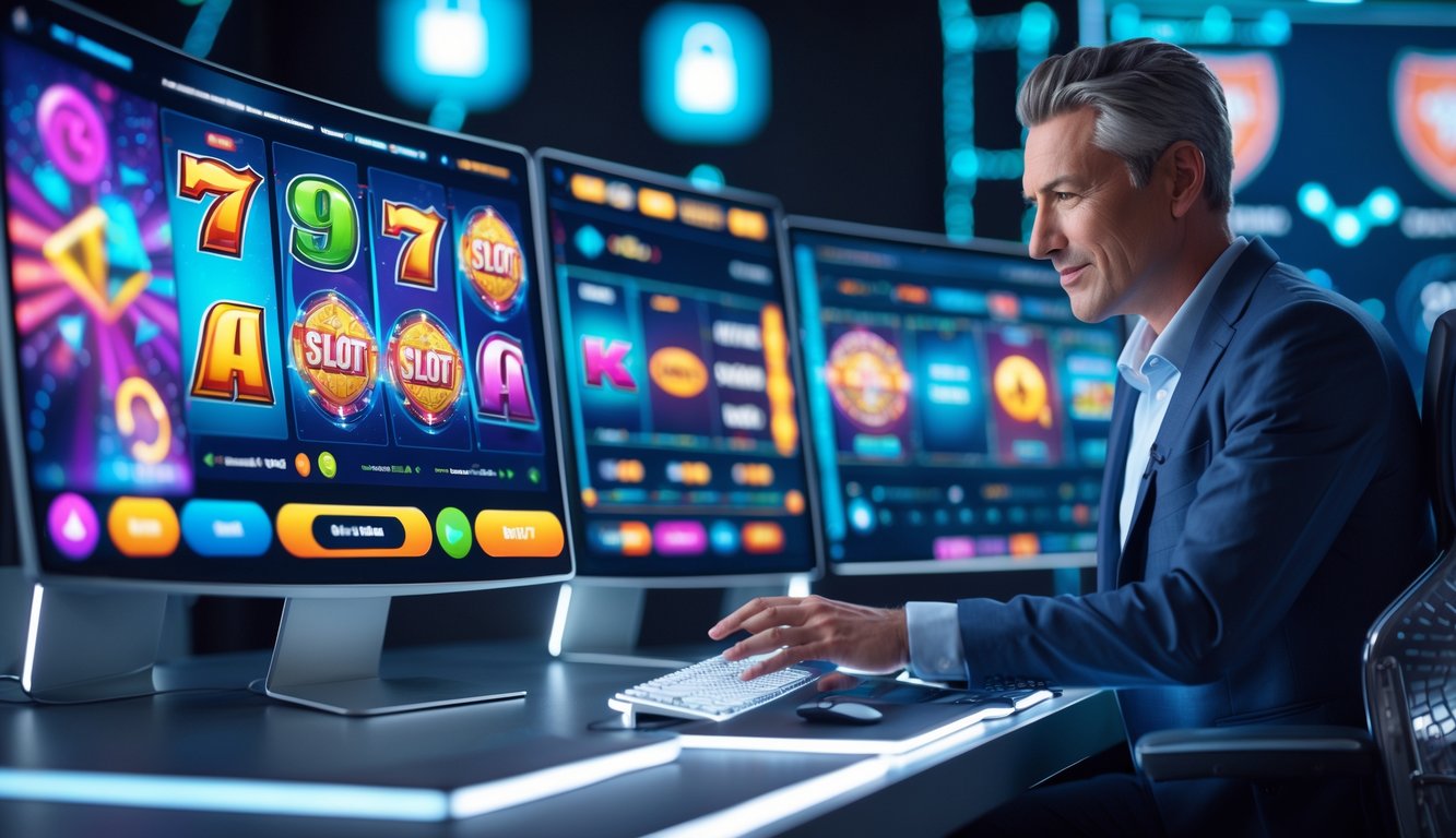 Seseorang menggunakan komputer dengan layar menampilkan permainan slot online berwarna-warni dalam suasana teknologi modern dan aman.