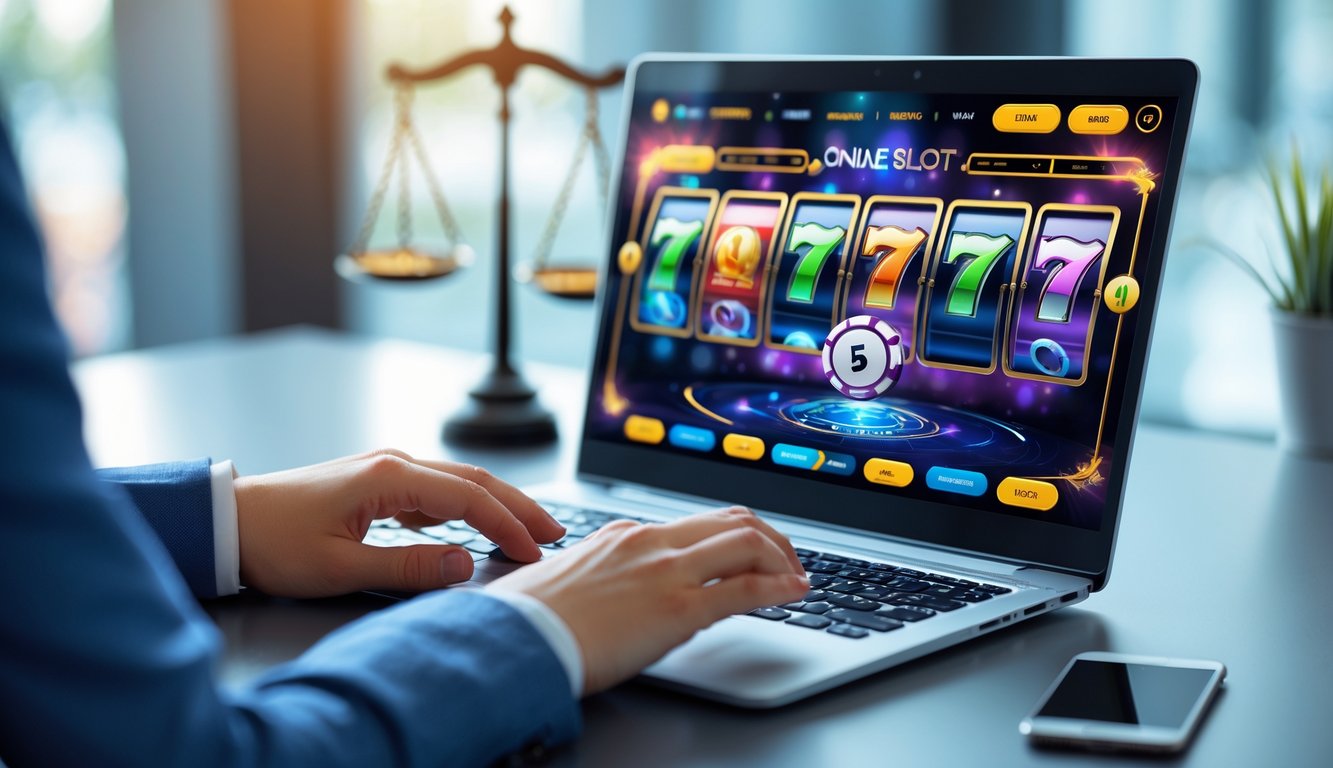 Seseorang menggunakan laptop dengan tampilan permainan slot online di layar, di meja kerja yang rapi.