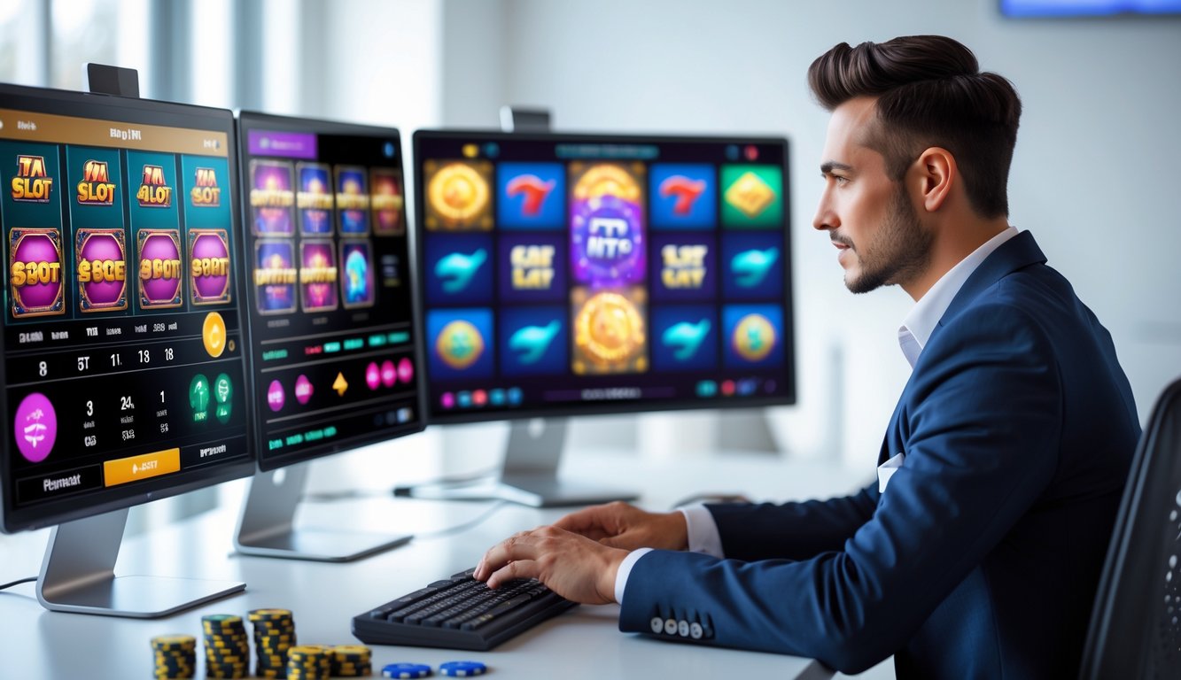 Seorang profesional sedang menggunakan komputer dengan tampilan permainan slot online dan grafik statistik di meja kantor yang rapi.