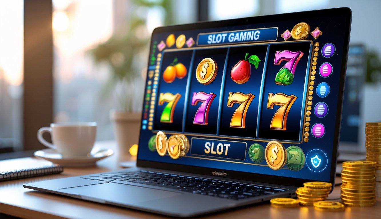 Sebuah layar komputer menampilkan permainan slot online dengan simbol berwarna-warni di meja kerja yang rapi dan pencahayaan hangat.