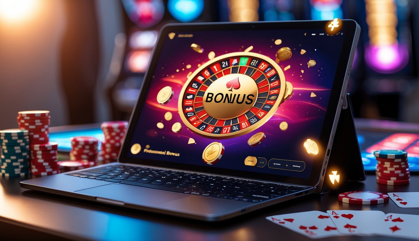 Sebuah perangkat digital menampilkan permainan kasino online dengan chip poker dan kartu di sekitarnya dalam suasana yang hangat dan profesional.