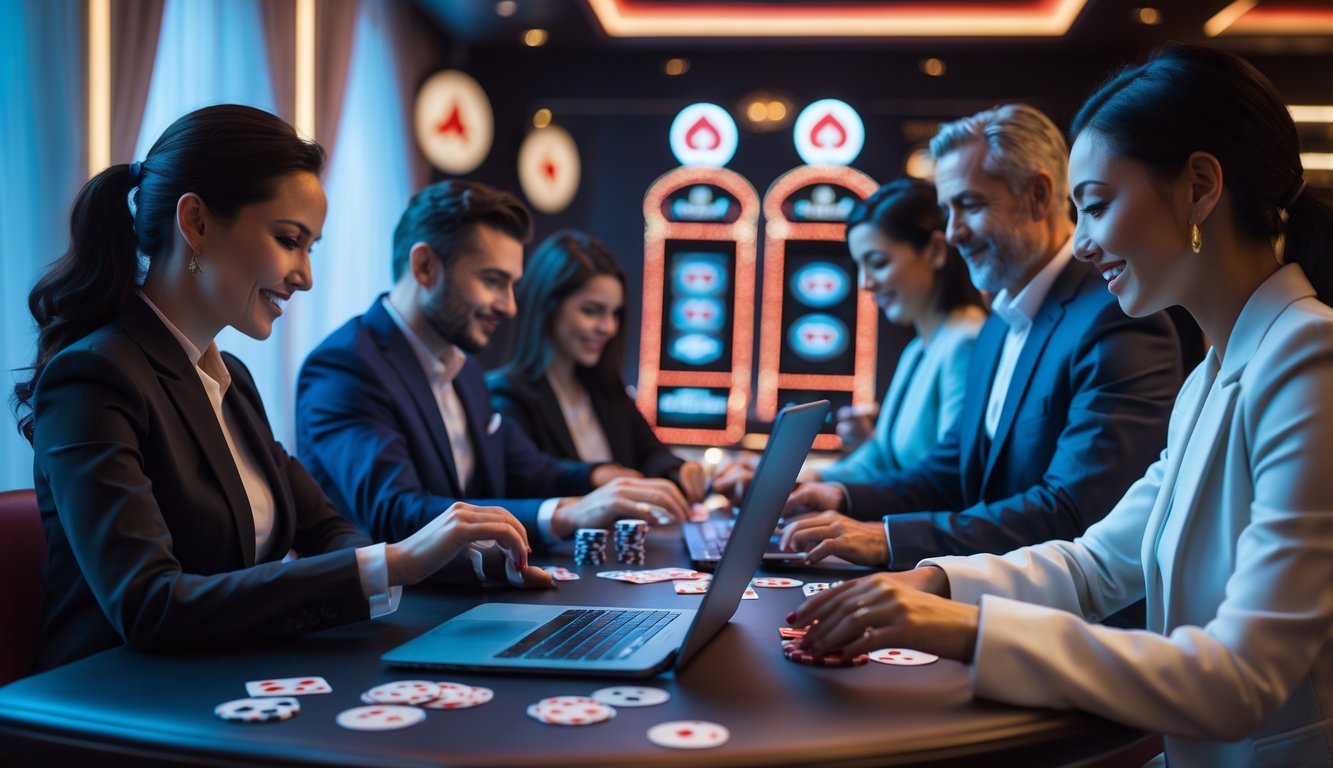 Sekelompok orang dewasa menggunakan laptop dan tablet untuk bermain permainan kasino online di ruangan yang terang dan modern.