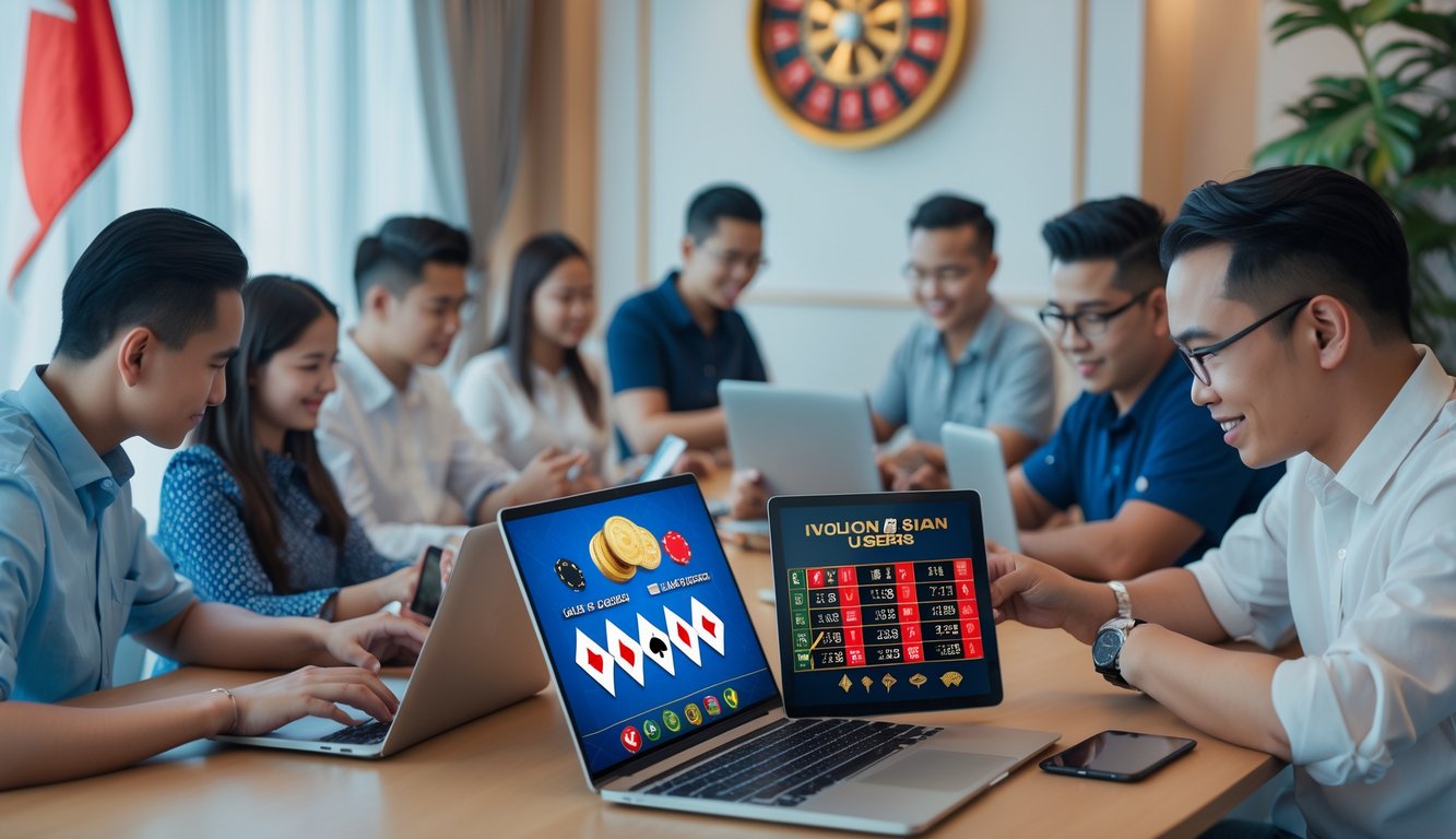 Beberapa orang menggunakan perangkat digital untuk bermain kasino online di lingkungan yang nyaman dan profesional dengan elemen budaya Indonesia.