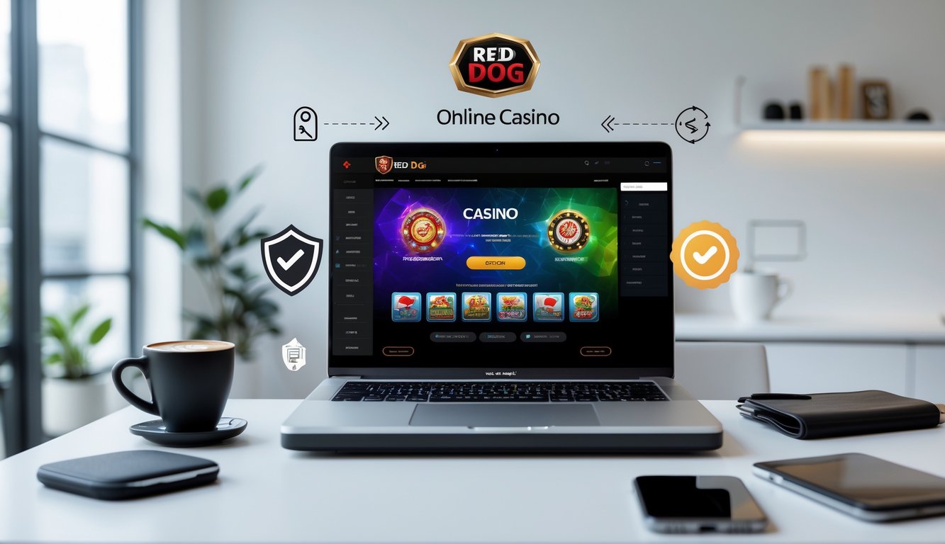 Seorang pengguna sedang mengoperasikan laptop dengan tampilan permainan kasino online Red Dog di meja kerja yang rapi dan terang, dengan simbol keamanan dan kepercayaan di sekitarnya.