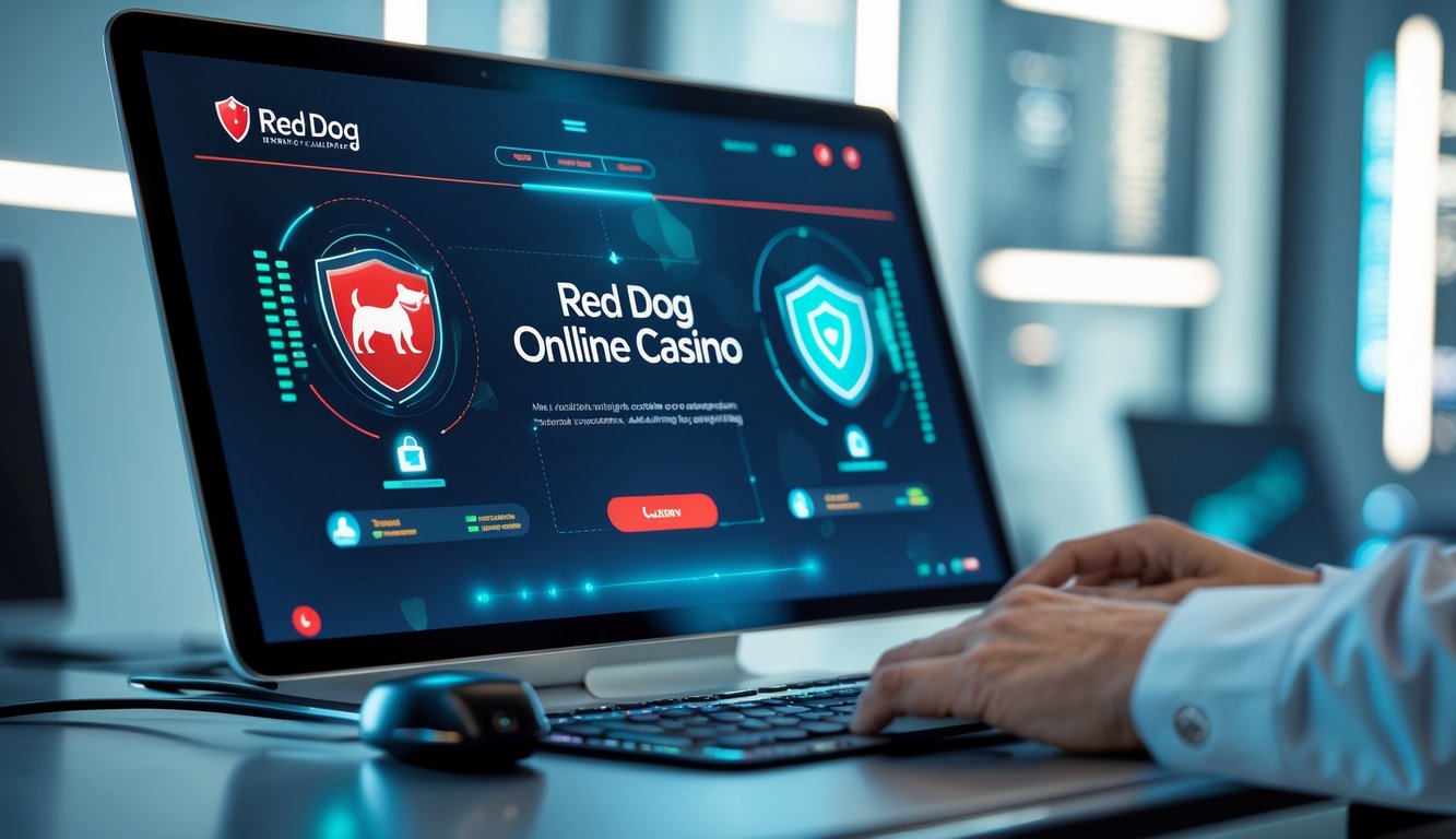 Seseorang menggunakan perangkat dengan tampilan kasino online Red Dog yang aman dan modern di lingkungan kerja yang terang dan rapi.