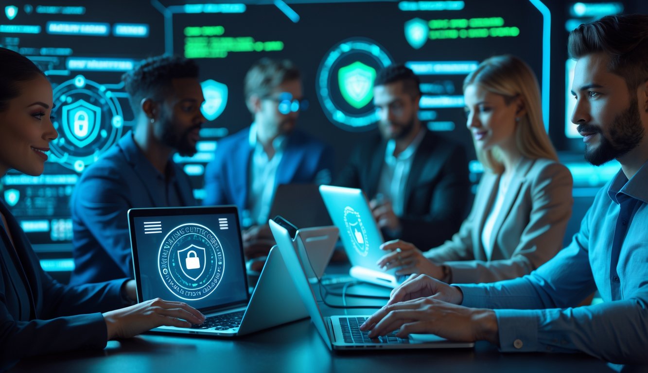 Sekelompok orang menggunakan perangkat digital di lingkungan kasino online modern dengan elemen keamanan digital futuristik di latar belakang.