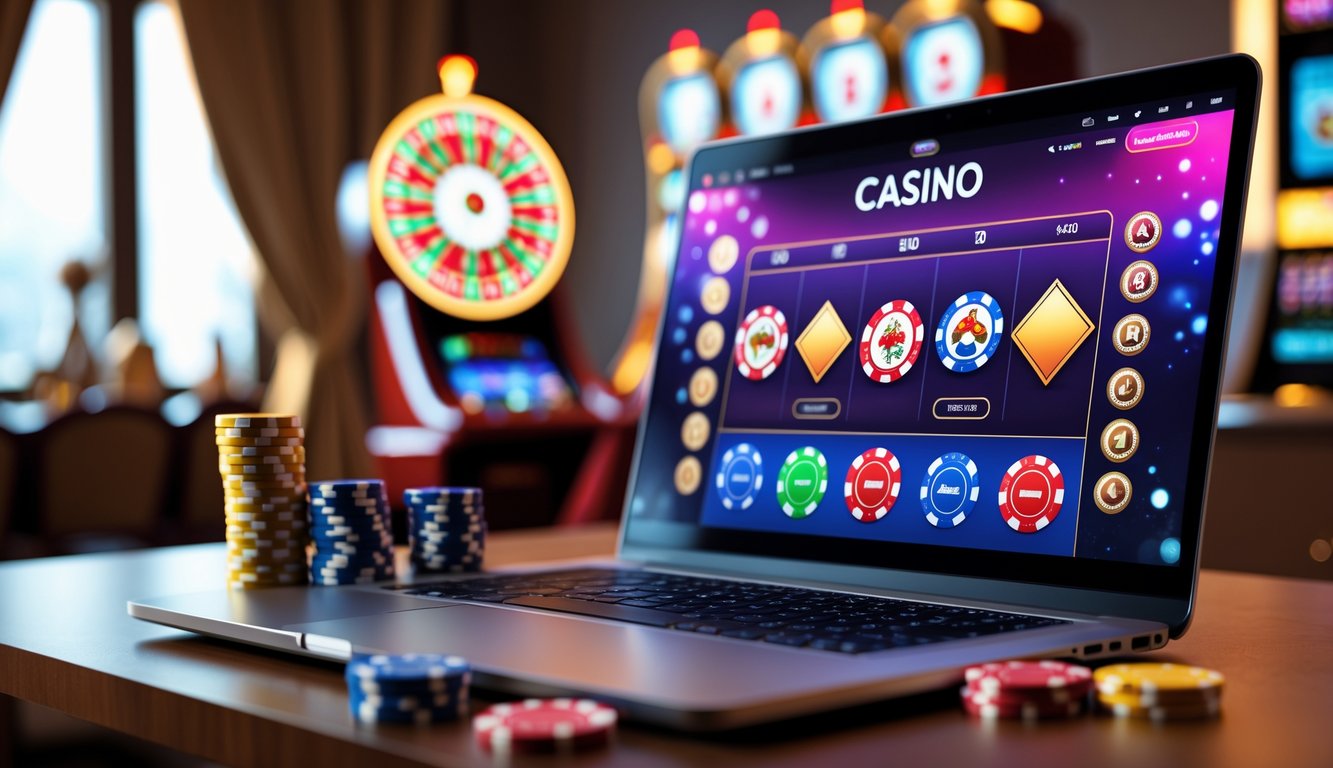 Seorang pengguna sedang menggunakan komputer dengan tampilan permainan kasino online yang berwarna-warni di layar, di meja terdapat tumpukan chip poker, suasana ruangan hangat dan nyaman.
