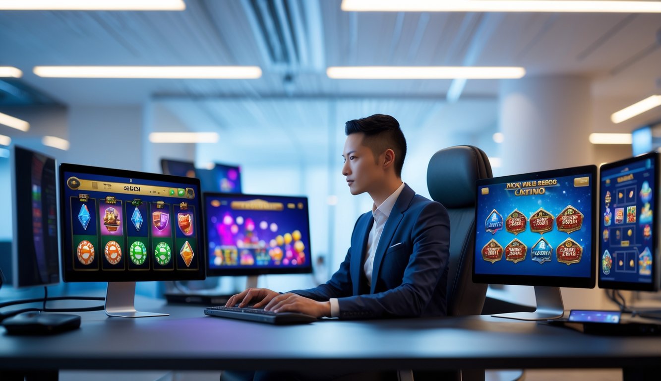 Seseorang duduk di depan beberapa layar komputer menampilkan permainan kasino online di ruang kantor modern.