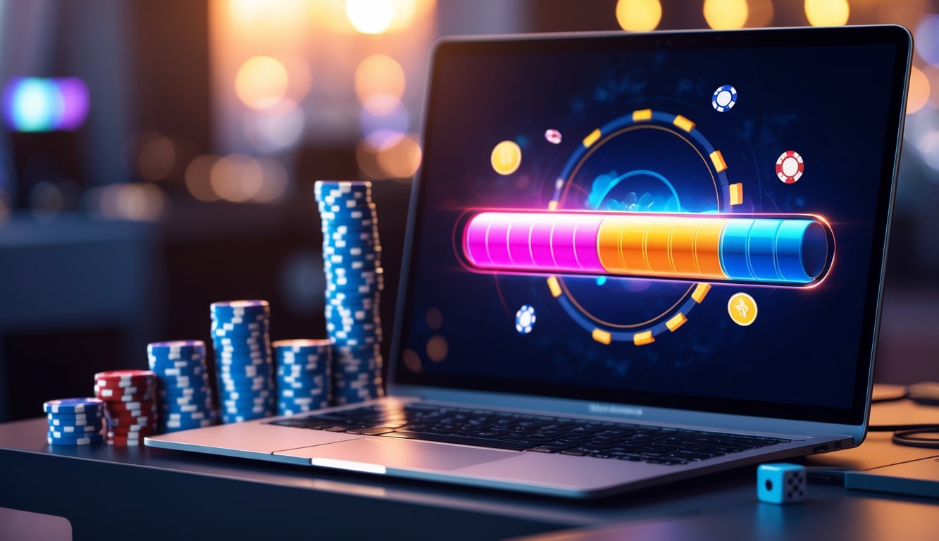 Sebuah komputer dengan layar menampilkan grafik jackpot progresif di meja dengan chip poker dan kartu bermain di sekitarnya.