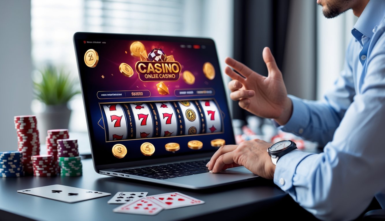 Seorang profesional menggunakan komputer dengan tampilan permainan kasino online dan elemen jackpot progresif di meja kerja yang rapi.