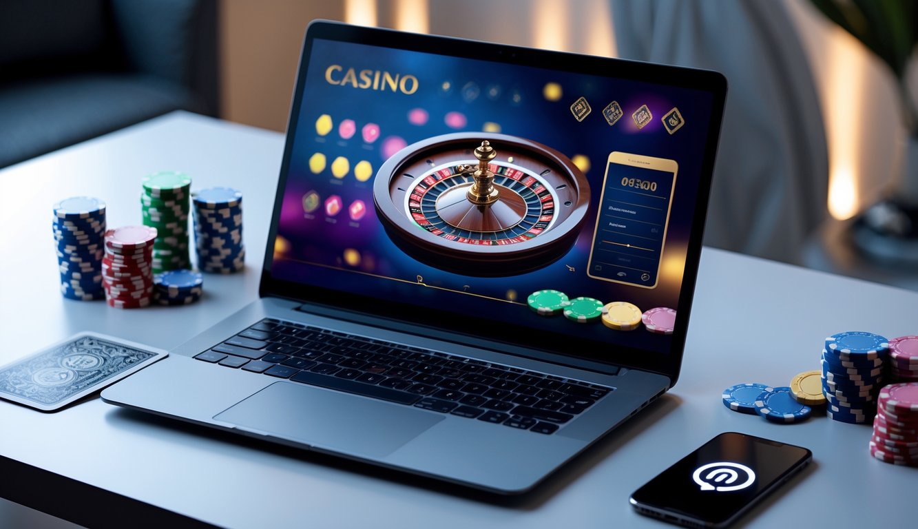 Seorang pengguna sedang bermain kasino online dengan laptop dan perangkat elektronik di meja yang rapi.