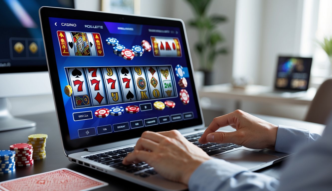 Seorang pengguna sedang mengoperasikan komputer dengan tampilan permainan kasino online di layar dalam ruangan kerja yang rapi dan terang.