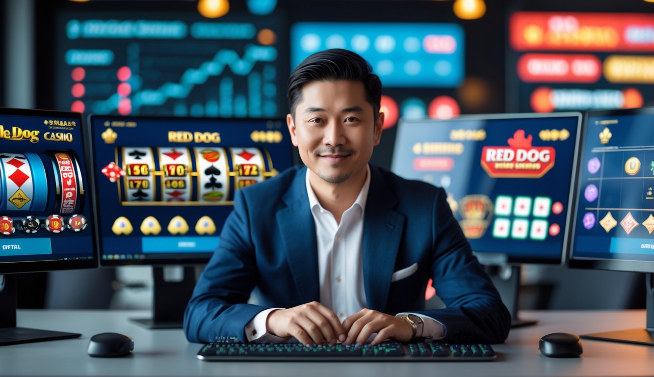 Seorang pria Asia berpakaian rapi duduk di depan beberapa monitor komputer yang menampilkan permainan kasino online dengan suasana kantor modern dan profesional.