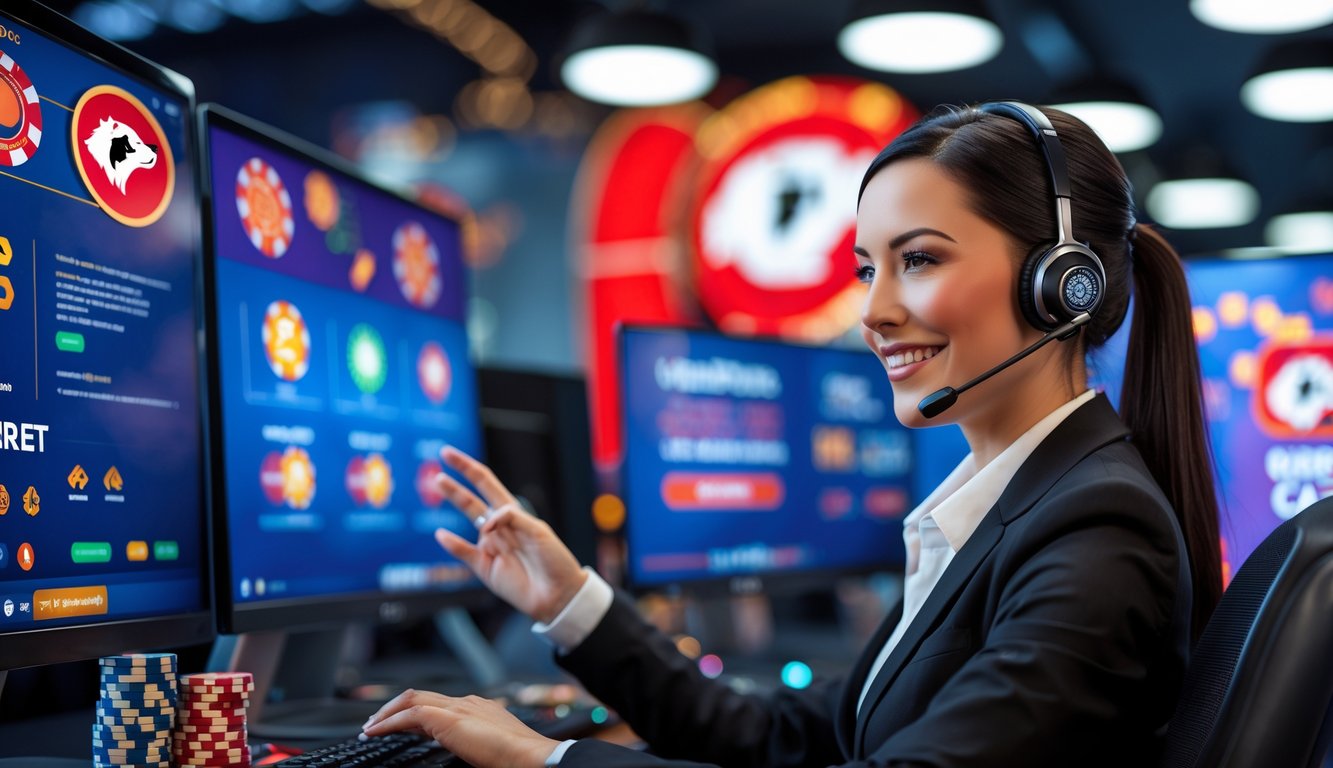 Seorang perwakilan layanan pelanggan dengan headset sedang bekerja di kantor modern dengan layar komputer menampilkan tema kasino online.