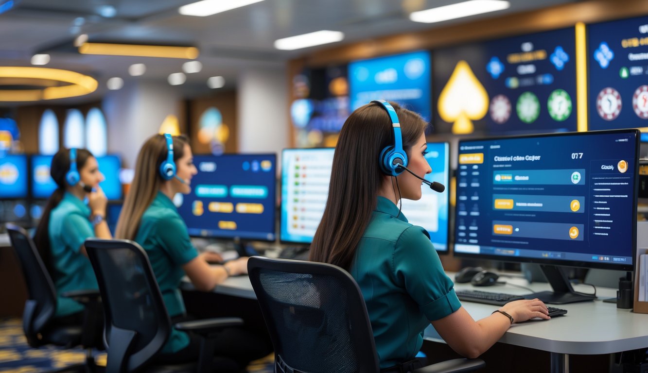 Tim layanan pelanggan kasino online yang ramah sedang bekerja di kantor modern dengan komputer dan headset.