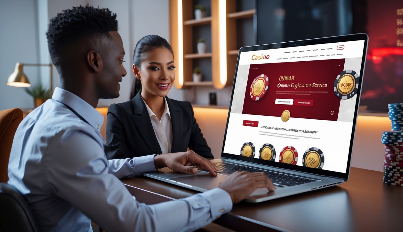 Seorang agen layanan pelanggan membantu orang dewasa muda mendaftar di situs kasino online di kantor modern yang nyaman.