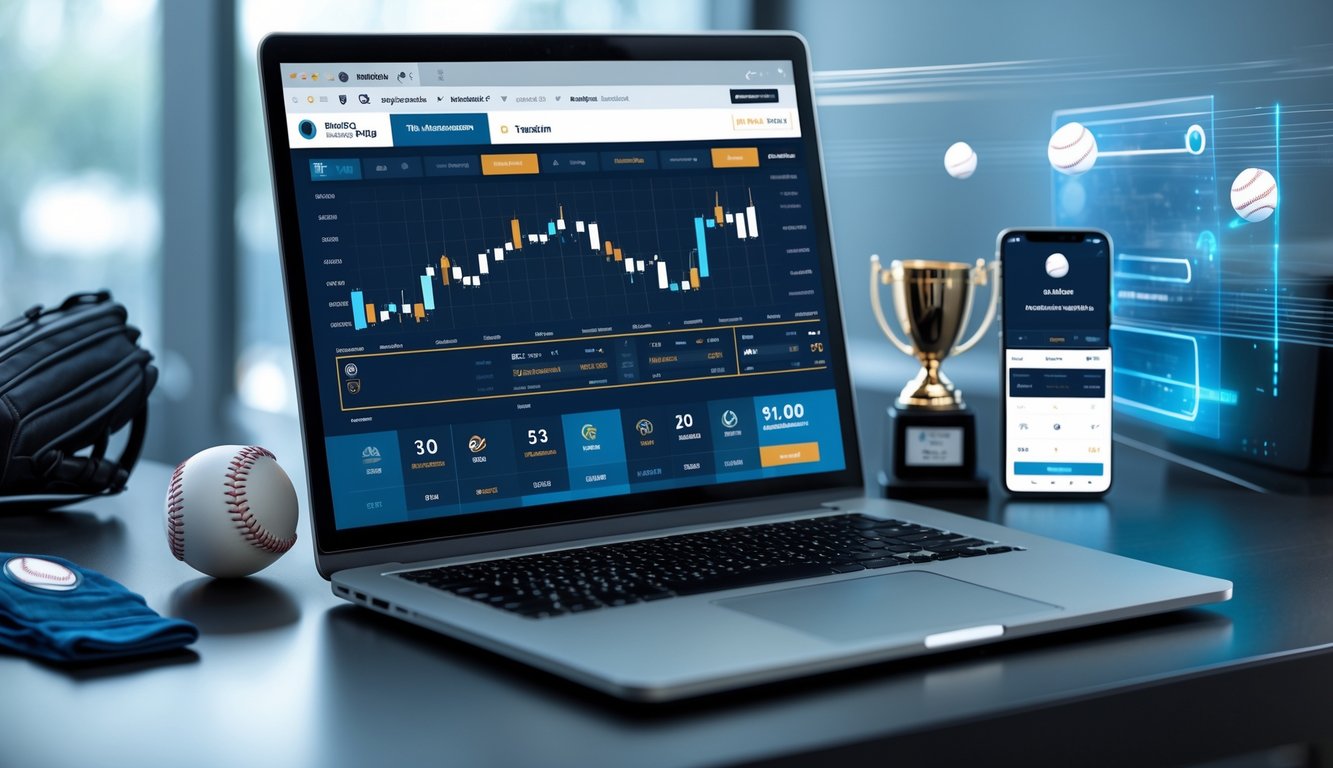 Seorang pria menggunakan laptop di meja dengan perlengkapan baseball di sekitarnya, menunjukkan suasana taruhan baseball online yang profesional.