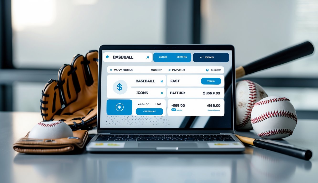 Meja kerja modern dengan laptop yang menampilkan antarmuka taruhan baseball online, bola baseball, sarung tangan, dan tongkat baseball di sekitarnya.