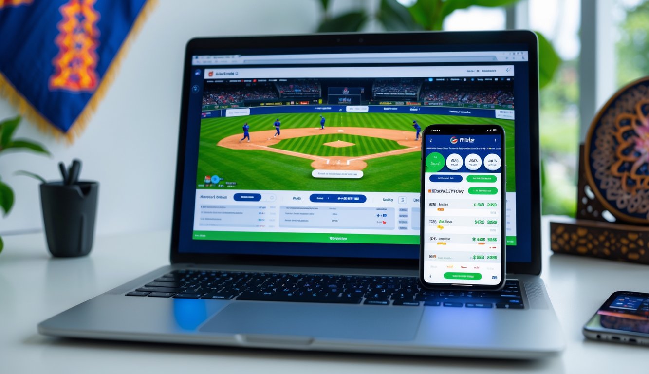 Seorang pria menggunakan laptop dan ponsel untuk bertaruh pada pertandingan bisbol secara online di sebuah meja kerja dengan bendera Indonesia kecil di latar belakang.