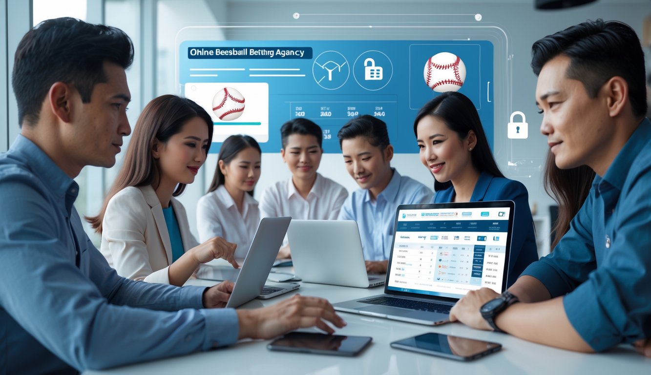 Sekelompok orang dewasa sedang menggunakan laptop dan ponsel untuk melihat statistik dan peluang taruhan baseball di sebuah kantor modern.