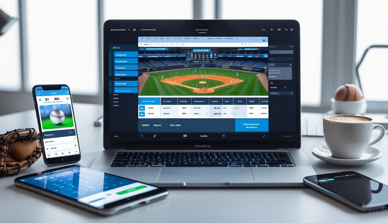 Seorang pria menggunakan laptop di meja kerja dengan layar menampilkan pertandingan baseball, dikelilingi oleh perangkat digital dan perlengkapan baseball.