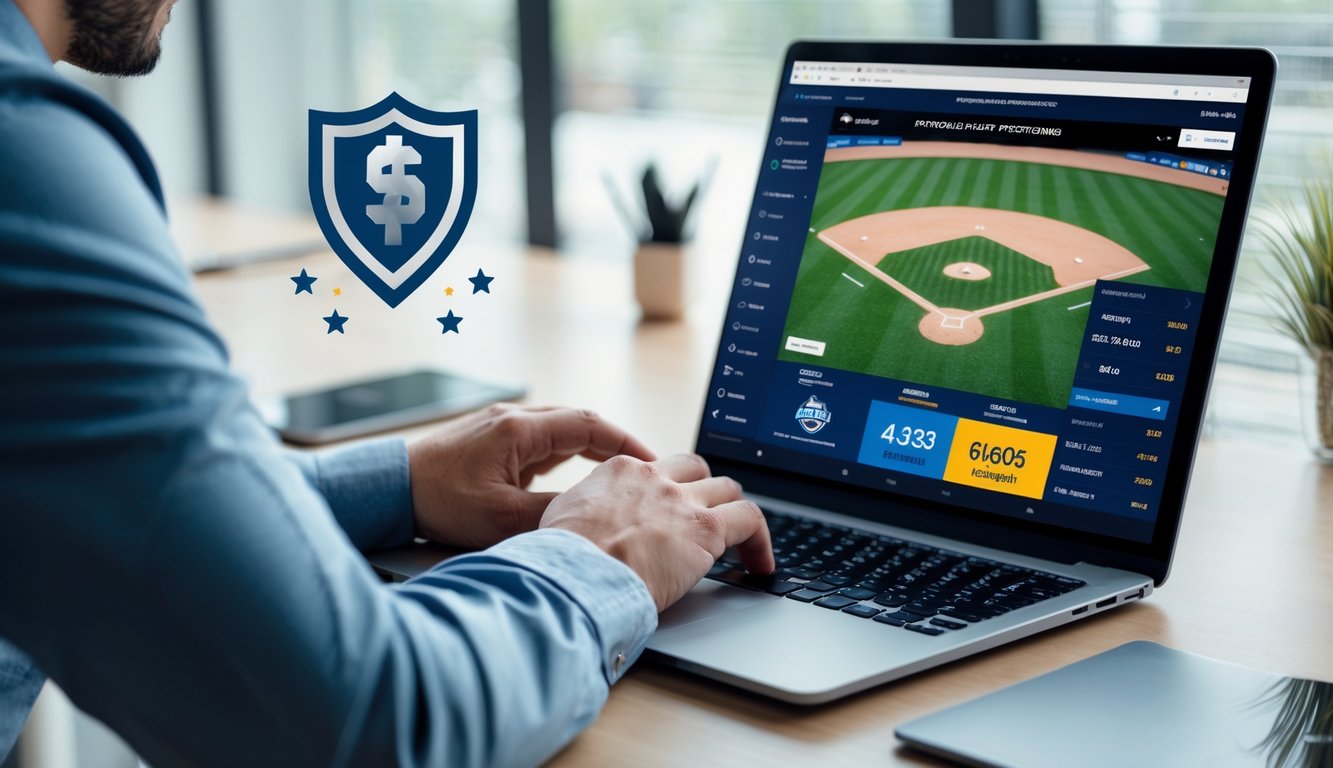 Seorang pria menggunakan laptop di meja kerja yang menampilkan permainan bisbol dan data taruhan online.