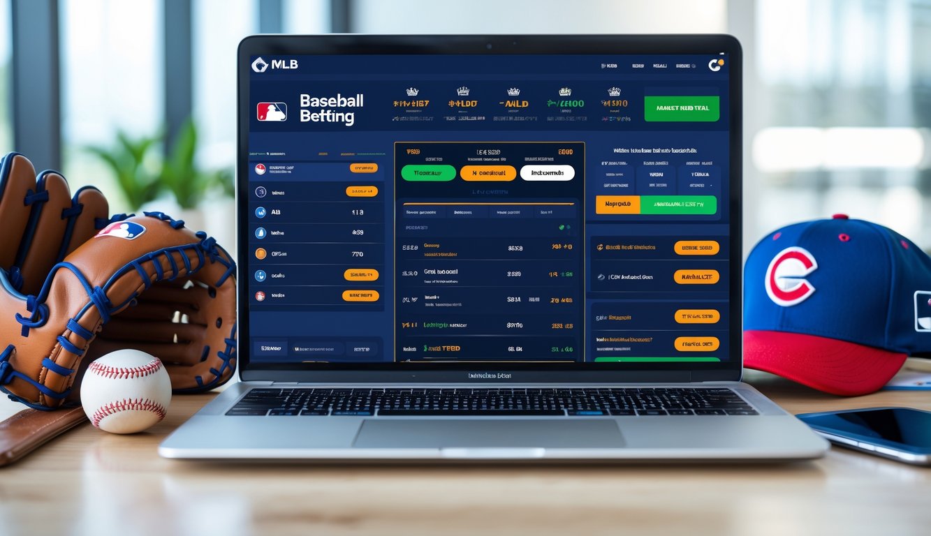 Seorang pria menggunakan laptop di meja kerja dengan perlengkapan baseball di sekitarnya, menampilkan suasana taruhan baseball online resmi MLB.