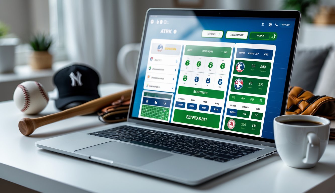 Seorang pengguna menggunakan komputer dengan tampilan situs taruhan baseball online di meja kerja yang rapi dengan perlengkapan baseball di sekitarnya.